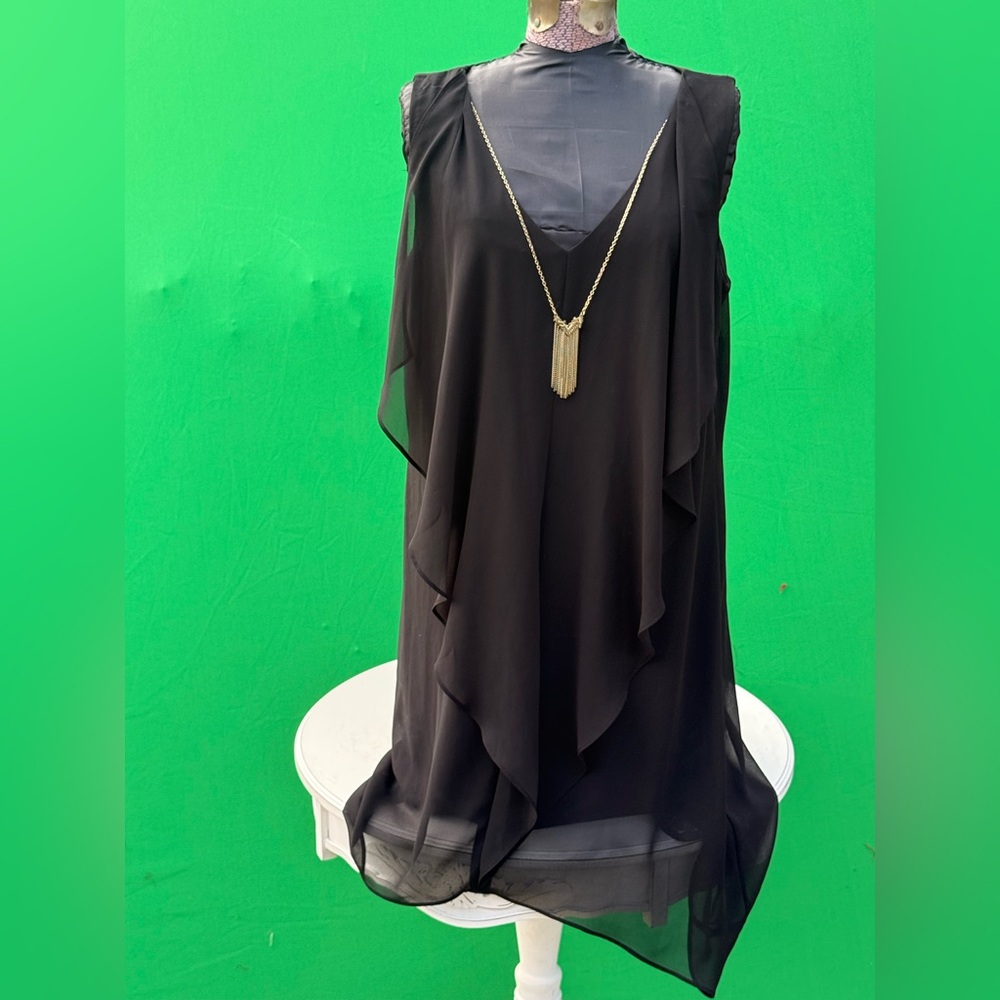 Thalia Sodi | Deep Black Ruffle Shift Dress with Gold Necklace - Size Small